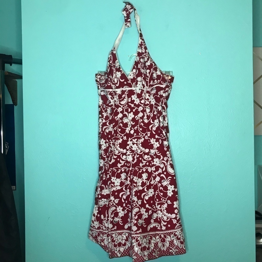 Red White Floral Sundress Fits Size 4 Halter Fit and Flare Y2K Summer Cottagecor - Picture 5 of 5